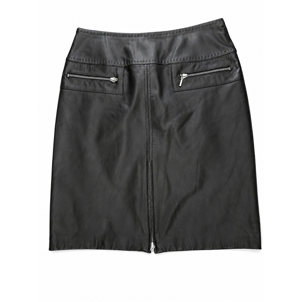 VS2 Vakko 4 100% genuine leather skirt moto zip pencil silver hardware Y2k edgy